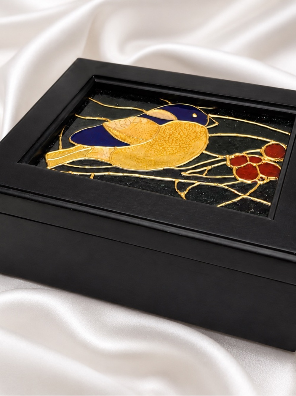 Mixed Media Stained Glass Bird Music Box Vintage Wood NWT